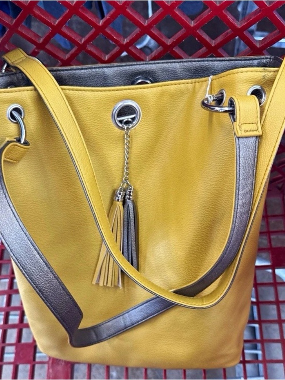 Source Unknown Yellow Shoulder Tote with Silver Straps and Tassel